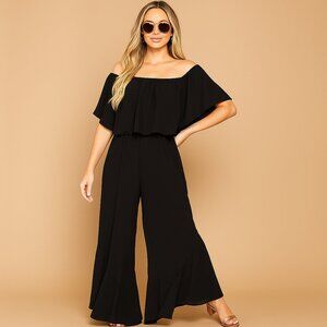 Black Off-Shoulder Wide Leg Jumpsuit – Flowy Ruffle Overlay, Elegant One-Piece